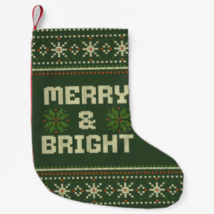 Merry and Bright Christmas Sweater Nordic Knit Small Christmas Stocking