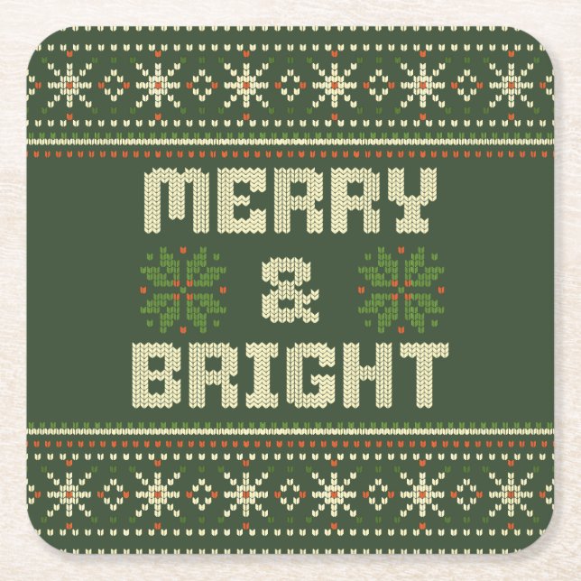 Merry and Bright Christmas Sweater Nordic Knit  Square Paper Coaster (Front)