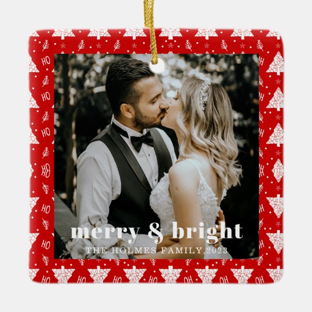 merry and bright christmas tree couple photo red ceramic ornament (Front)