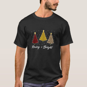 Merry and Bright Christmas Tree Gold Leopard Plaid T-Shirt