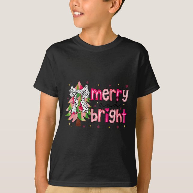 Merry And Bright Christmas Tree Nk Coquette Bow Wo T-Shirt (Front)