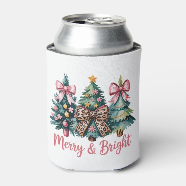 Merry And Bright Christmas Tree Pink Leopard Bow Can Cooler (Can Front)