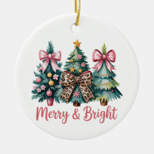 Merry And Bright Christmas Tree Pink Leopard Bow Ceramic Ornament