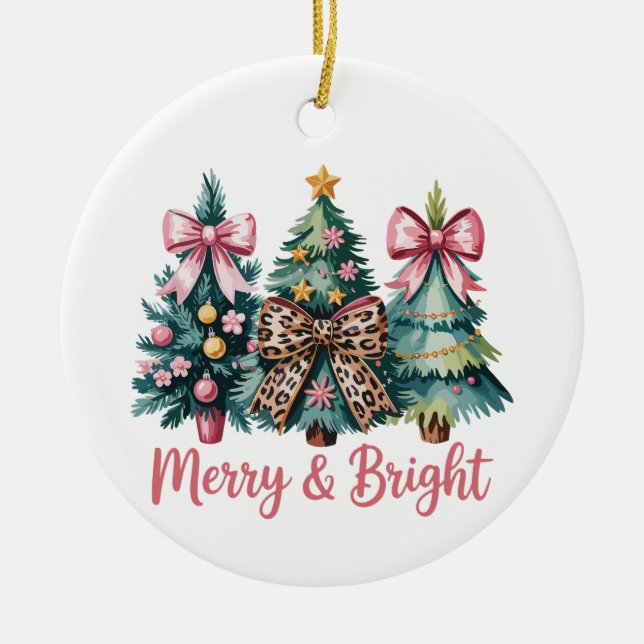 Merry And Bright Christmas Tree Pink Leopard Bow Ceramic Ornament (Front)