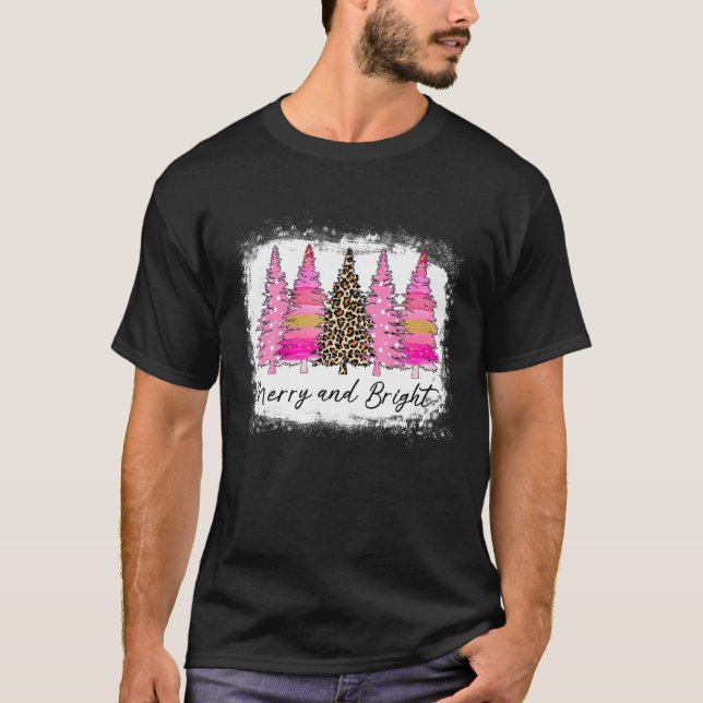 Merry And Bright Christmas Tree Pink Lights Leopar T-Shirt (Front)