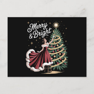 Merry And Bright Christmas Tree Vintage Lady Xmas Holiday Postcard