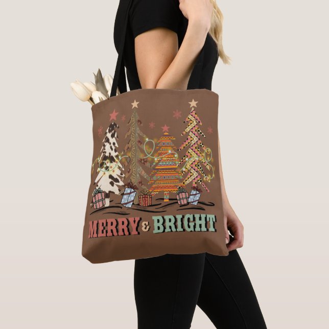 Merry and Bright Christmas Trees Boho Shopping  Tote Bag (Close Up)