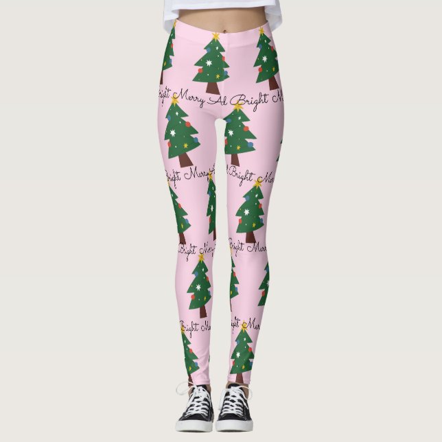 Merry And Bright Christmas Trees On Pink Leggings (Front)
