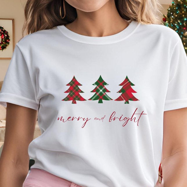 Merry and Bright Christmas Trees red green tartan T-Shirt (Creator Uploaded)