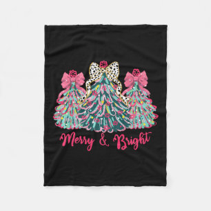 Merry And Bright Christmas Trees With Pink Bows De Fleece Blanket