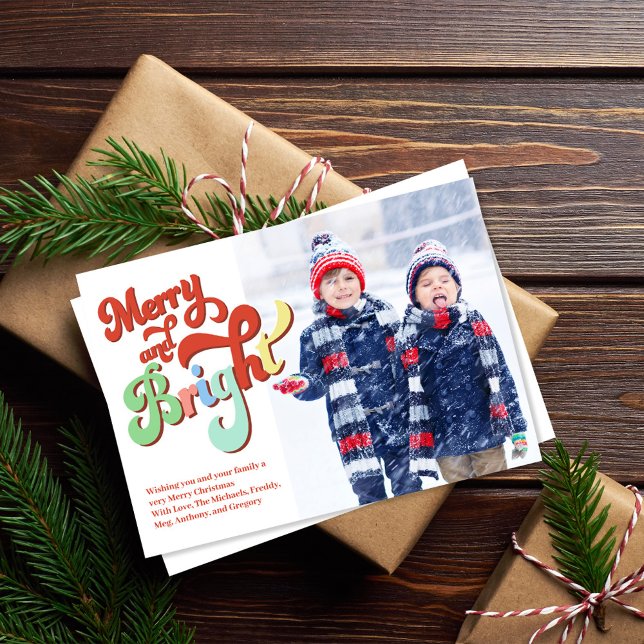 Merry and Bright Christmas Two Photo Holiday Card (Merry and Bright holiday photo card. With colorful retro typography. )