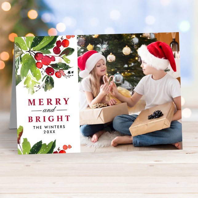 Merry and Bright Christmas Watercolor Photo Holiday Card (Creator Uploaded)