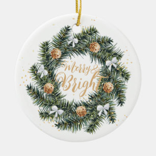 Merry and Bright Christmas Wreath Holiday Ceramic Ornament