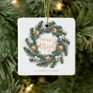 Merry and Bright Christmas Wreath Holiday Ceramic Ornament