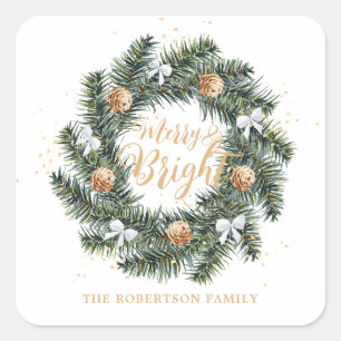 Merry and Bright Christmas Wreath Holiday Square Sticker