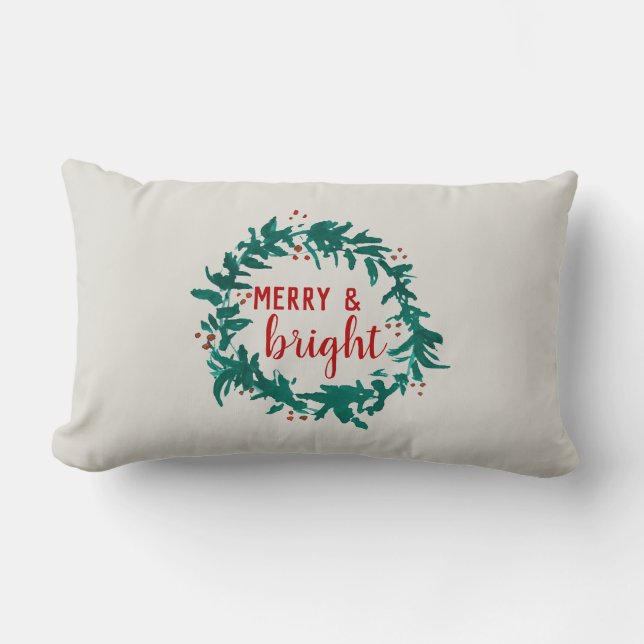 Merry and Bright Christmas Wreath Lumbar Cushion (Front)