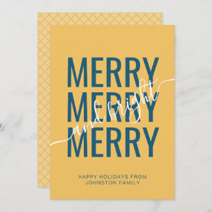 Merry and bright Christmas yellow chequered Holiday Card