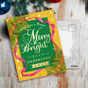 Merry and Bright Christmas Yellow Green Foil Holiday Postcard