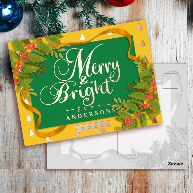 Merry and Bright Christmas Yellow Green Foil Holiday Postcard (Merry and Bright Christmas Yellow Green Foil Holiday Postcard)