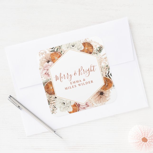 Merry And Bright Citrus Pine Holiday Floral Square Sticker (Envelope)
