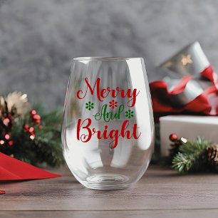 Merry And Bright Classic Christmas Holiday Stemless Wine Glass