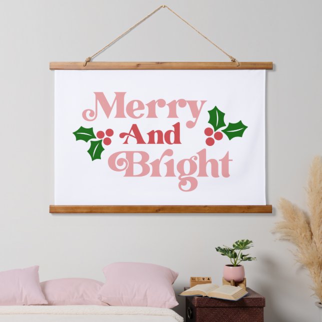 Merry and Bright - Classic Holiday Typography Hanging Tapestry (Bedroom)