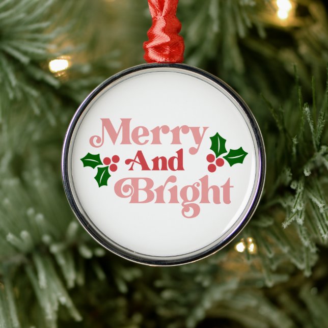Merry and Bright - Classic Holiday Typography Metal Ornament (Tree)