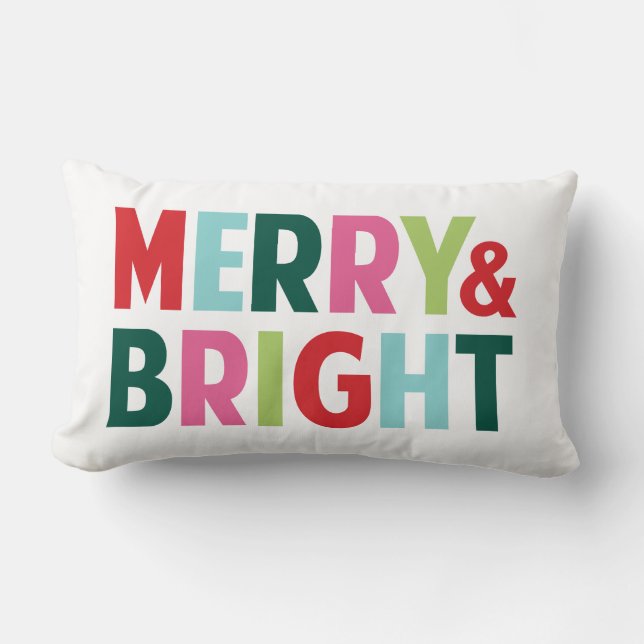 Merry and Bright Colorful Christmas Throw Pillow (Front)