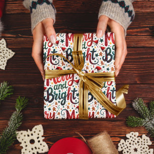 Merry and Bright Colorful Festive Retro Typography Wrapping Paper