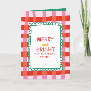 Merry and Bright Colorful Gingham custom name Holiday Card