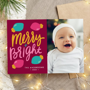 Merry and Bright Colourful Christmas Lights Photo Holiday Card