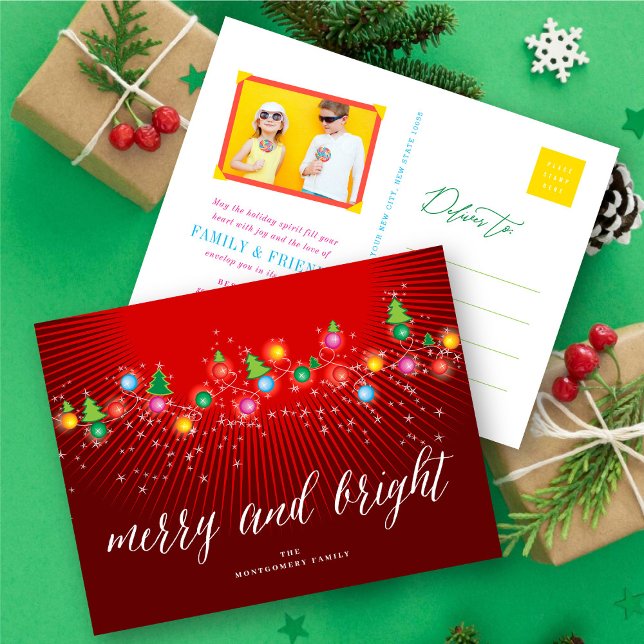 Merry And Bright Colourful Christmas Trees Lights Holiday Postcard (Creator Uploaded)