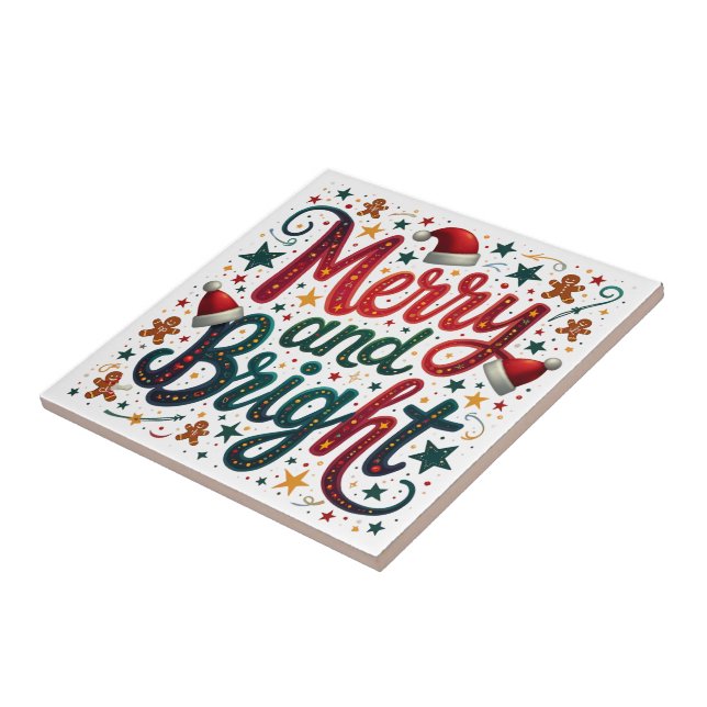 Merry and Bright Colourful Festive Retro Typograph Ceramic Tile (Side)