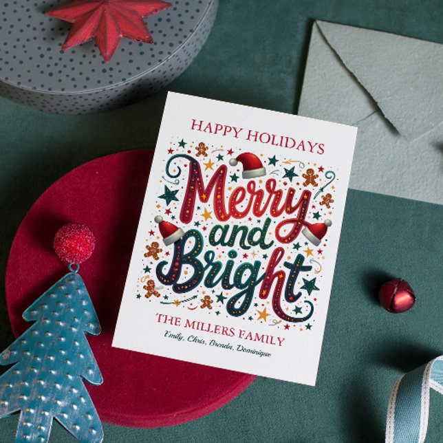 Merry and Bright Colourful Festive Retro Typograph Holiday Card (Creator Uploaded)