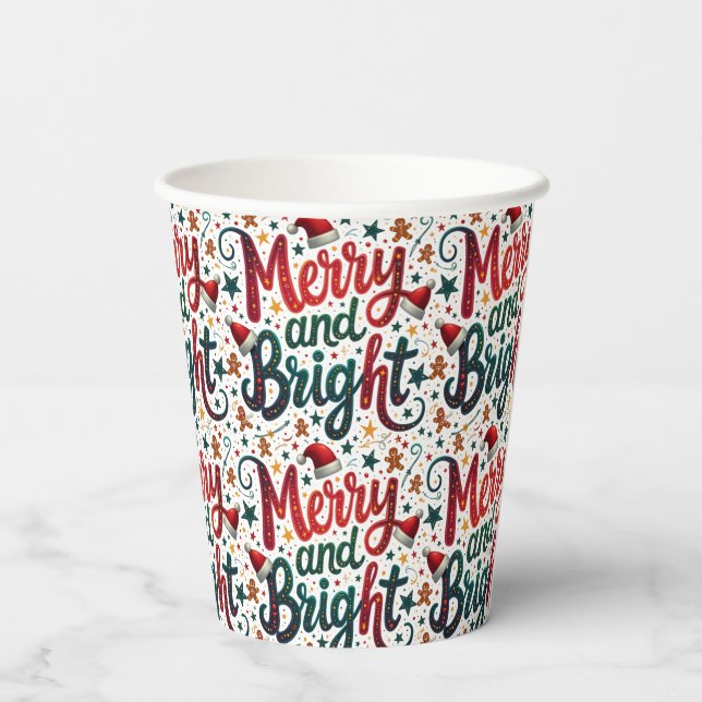 Merry and Bright Colourful Festive Retro Typograph Paper Cups (Back)