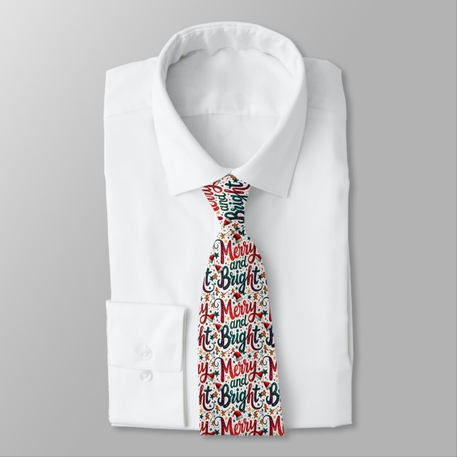 Merry and Bright Colourful Festive Retro Typograph Tie (Tied)