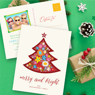 Merry And Bright Colourful Flowers Christmas Tree Holiday Postcard