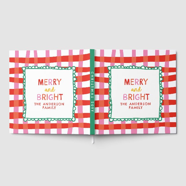 Merry and Bright Colourful Gingham custom name Guest Book (Full)