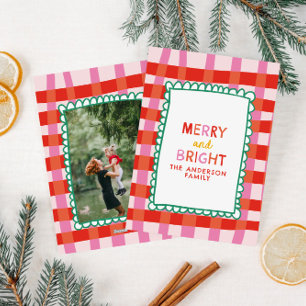Merry and Bright Colourful Gingham custom name Holiday Card