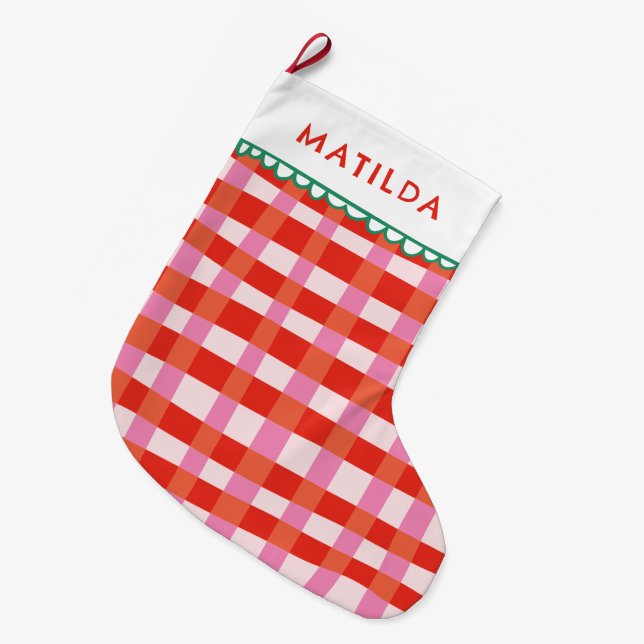 Merry and Bright Colourful Gingham custom name Large Christmas Stocking (Front (Hanging))
