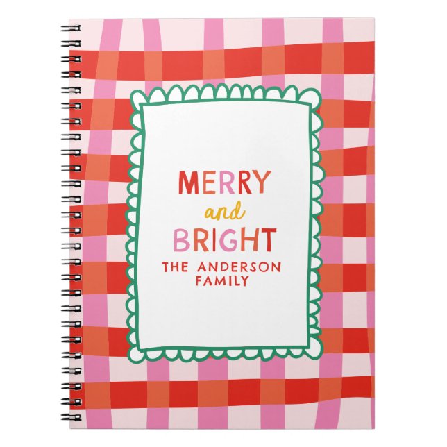 Merry and Bright Colourful Gingham custom name Notebook (Front)