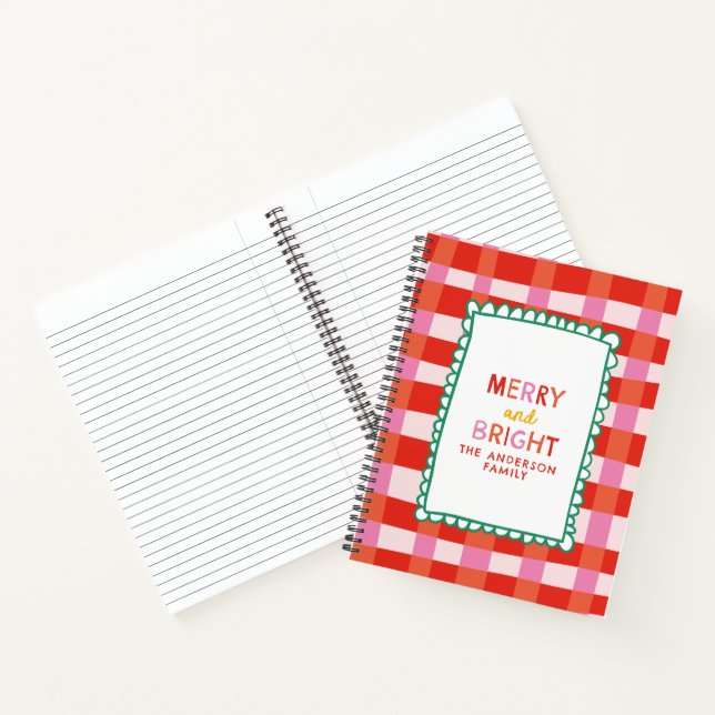 Merry and Bright Colourful Gingham custom name Notebook (Inside)