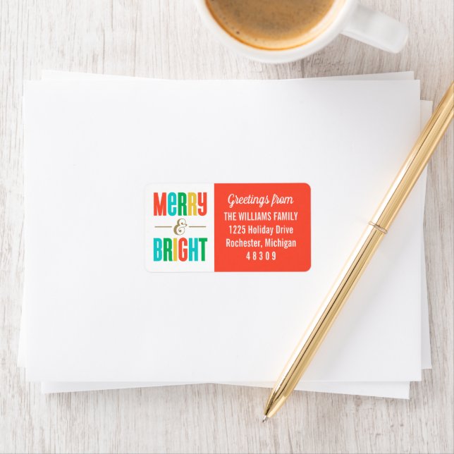 Merry and Bright Colourful Gold Holiday Address Label (Insitu)