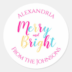 Merry and Bright Colourful Personalised Family Nam Classic Round Sticker