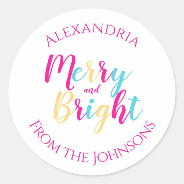 Merry and Bright Colourful Personalised Family Nam Classic Round Sticker (Front)
