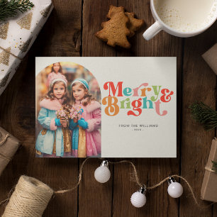 Merry And Bright Colourful Retro Photo Christmas Holiday Card
