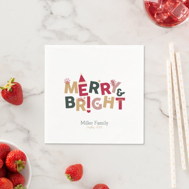 Merry and Bright Colourful Retro Typography Napkin (Insitu)