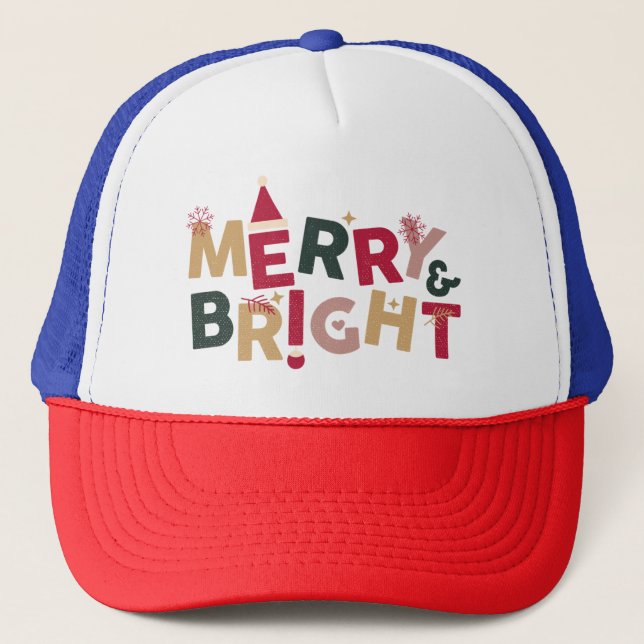 Merry and Bright Colourful Retro Typography Trucker Hat (Front)