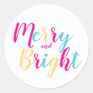 Merry and Bright Colourful Script Christmas Classic Round Sticker