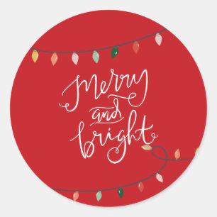 Merry and Bright Colourful String of Lights Red Classic Round Sticker